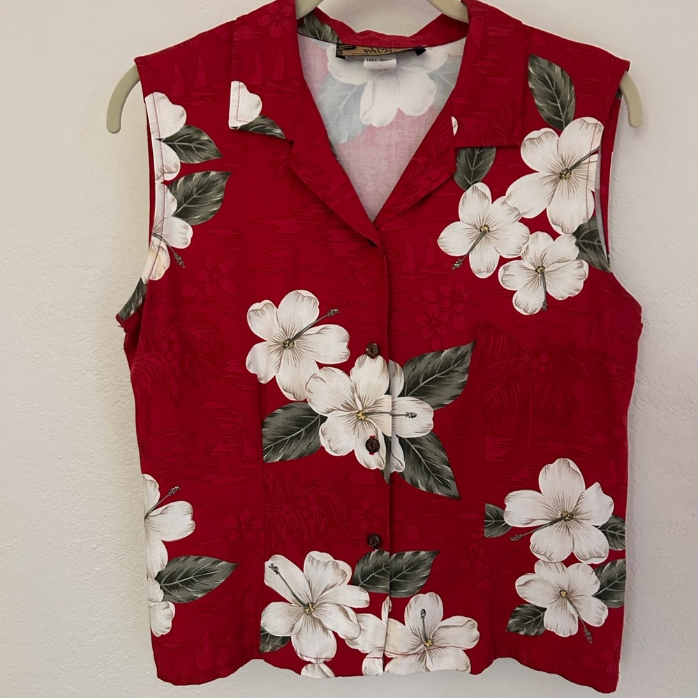 Floral Red Sleeveless Button Down Shirt